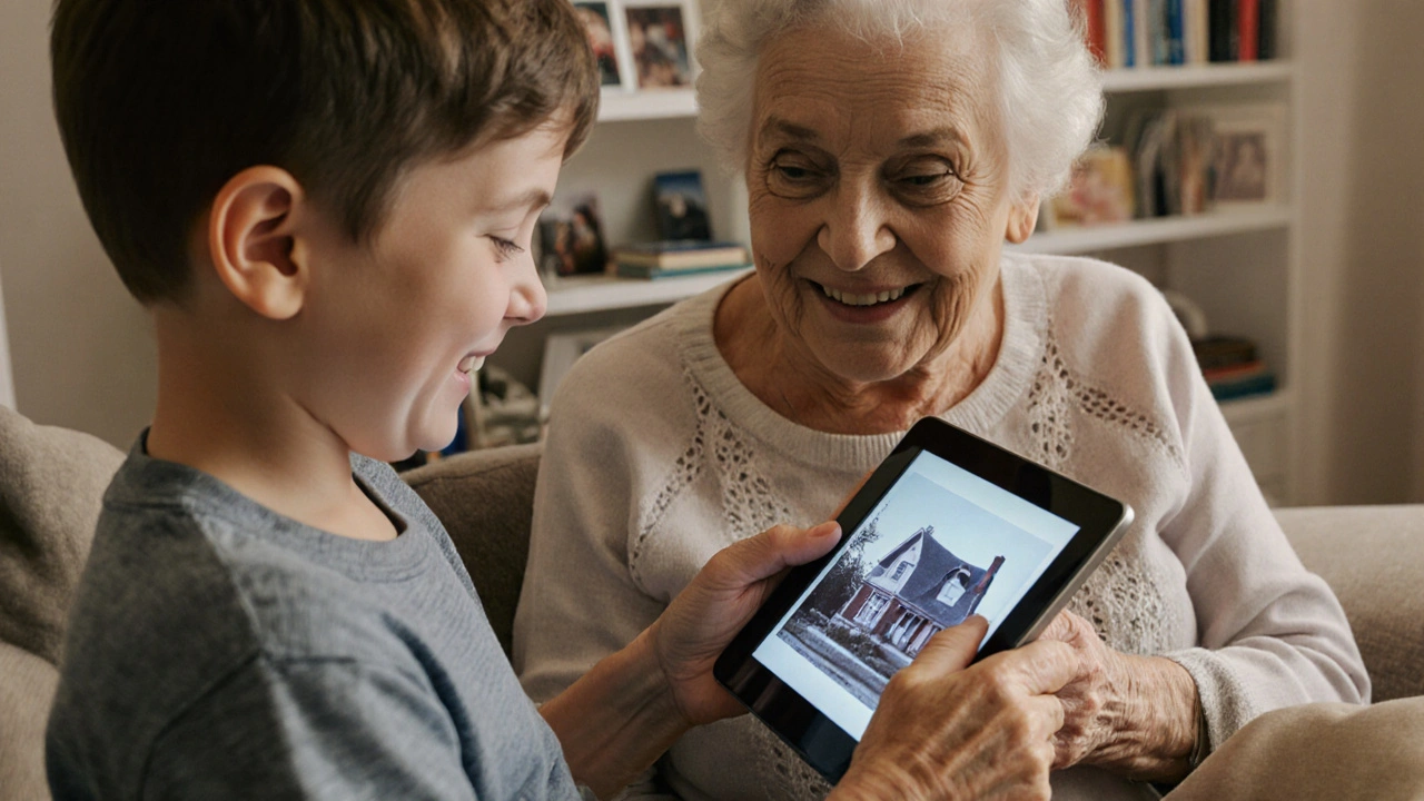 Vnouček pomáhá babičce prohlížet fotografii na tabletu, oba se usmívají, za nimi jsou knihy a rodinné obrázky.