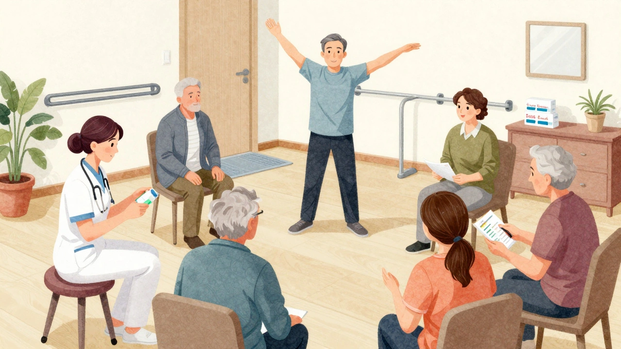 Multidisciplinární tým péče o staršího pacienta v jeho domě, kde každý člen pomáhá s jiným aspektem péče.