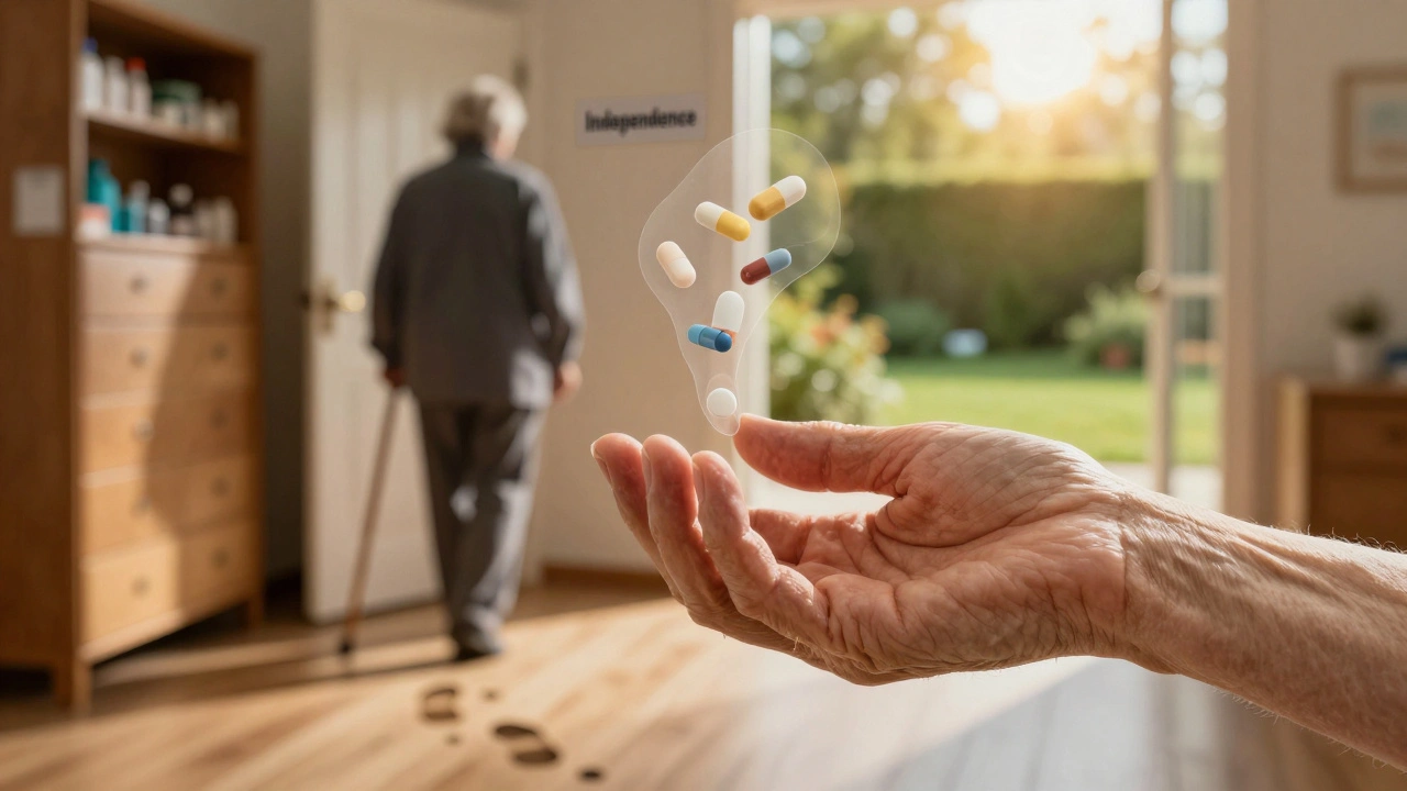 Stará ruka drží jednu tabletku, z níž se rozptylují další léky, zatímco stopa chodidel vede k zahradě jako symbol návratu nezávislosti.