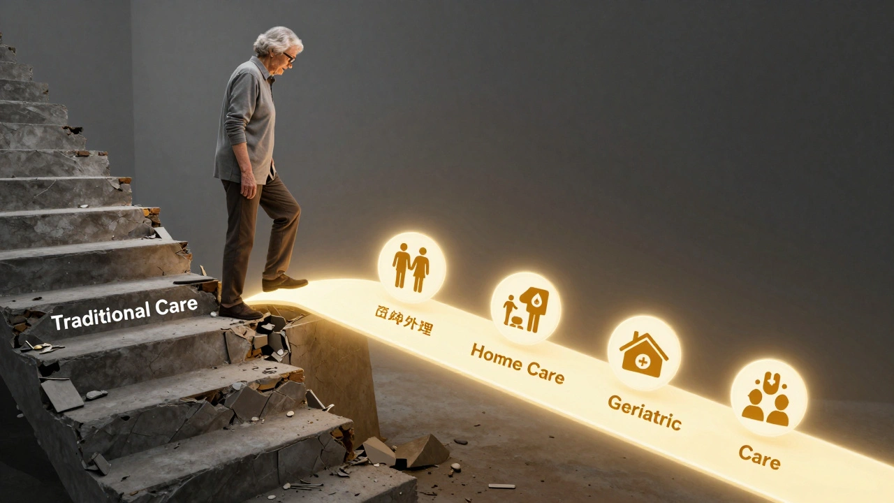 Starší osoba opouští nebezpečnou cestu staré péče a kročí po světlé cestě podpory a bezpečnosti.