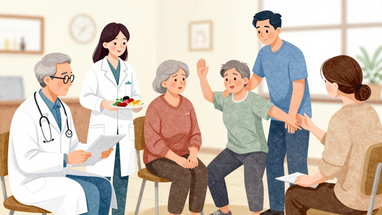 Tým odborníků v geriatrické ambulanci: lékař, dietetik, sociální pracovník, fyzioterapeut a psycholog společně pečují o pacienta.